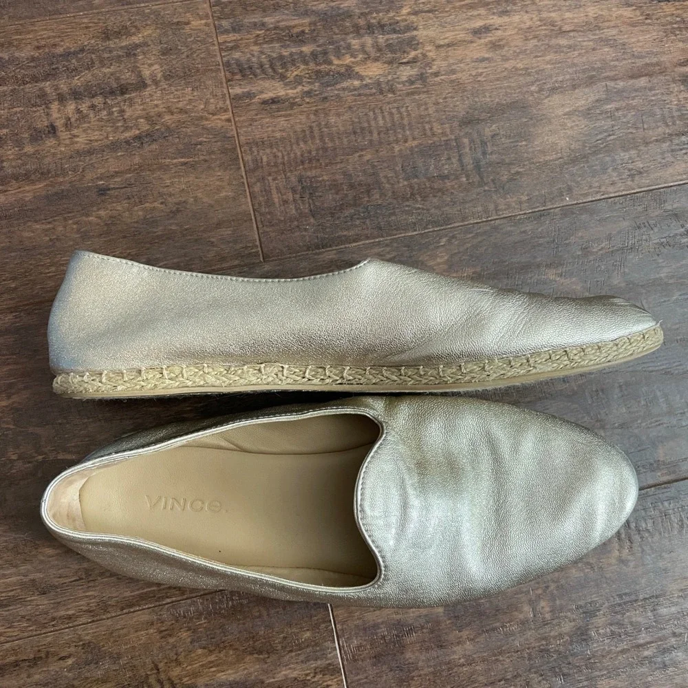 Vince Espadrille Flats Womens 7 Gold Metallic Leather Slip On Loafers Chic